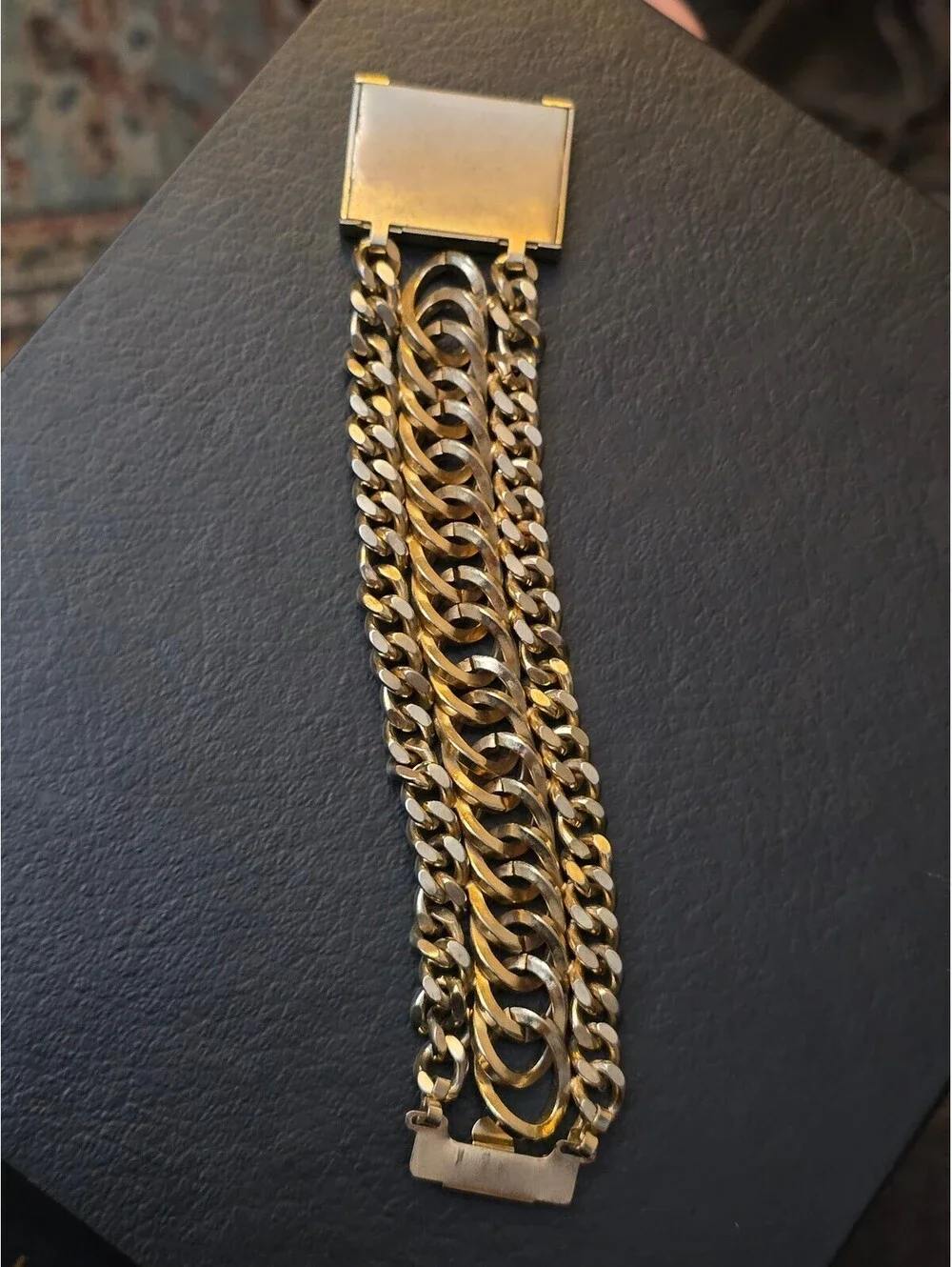 Vintage Chunky Gold Tone 3 Strand Cuban Curb Link Statement Bracelet